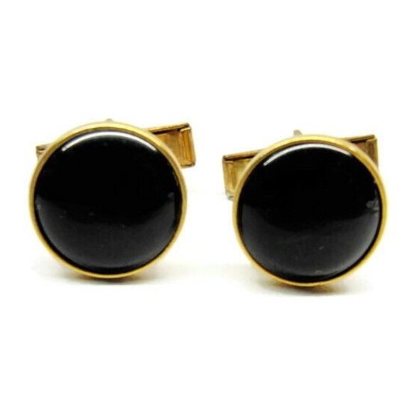 Round Cabochon Pioneer Black & Gold Tone Vintage Cufflinks - Picture 1 of 9